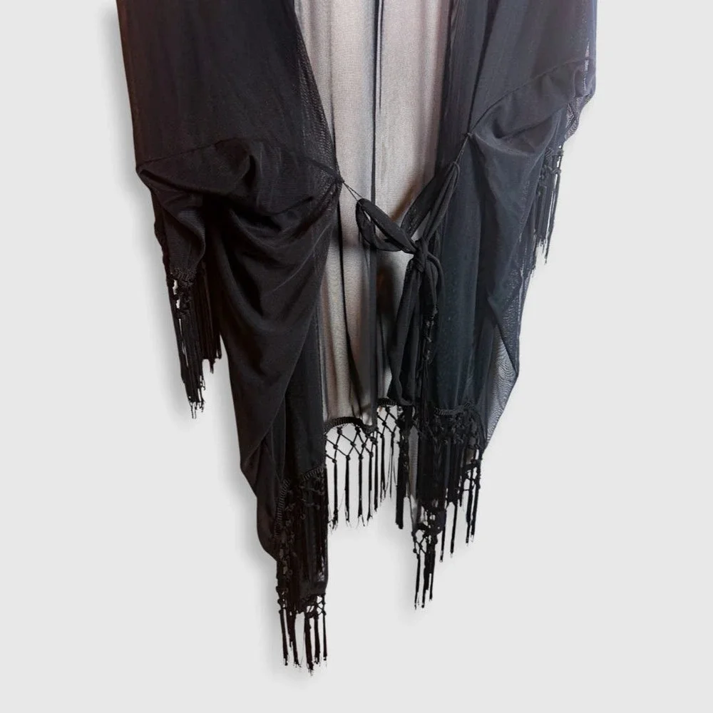 MONTCE Swim Black Sheer Fringe Kimono OS - Picture 4 of 5
